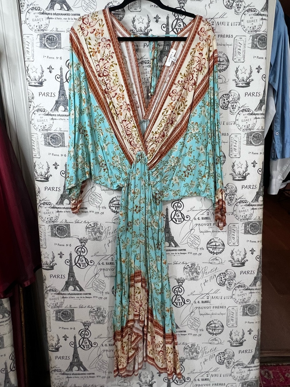 UMGEE XL Boho Floral Border Print Maxi Dress 100% Rayon Turquoise Aqua & Cream